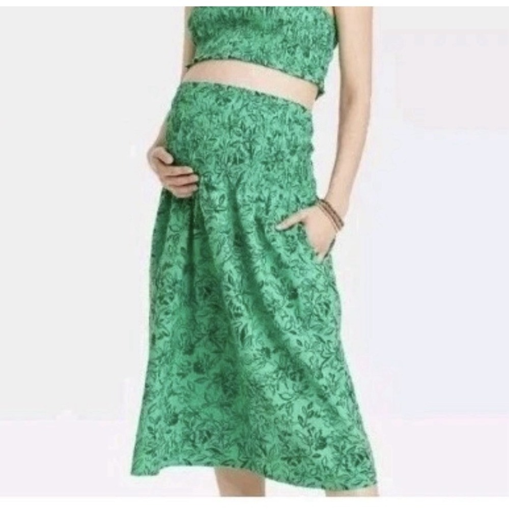 Isabel Maternity Midi Skirt‎ Green Floral - Size Medium Smocked Waist Band